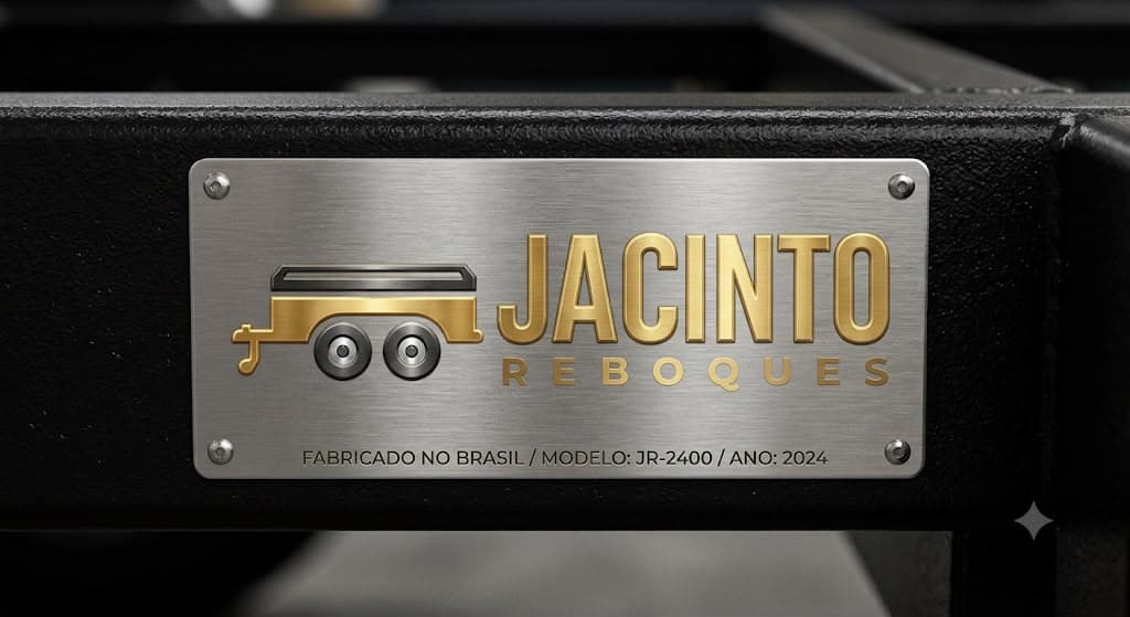 Placa metálica de identificação Jacinto Reboques fixada no chassi de um reboque: fabricado no Brasil
